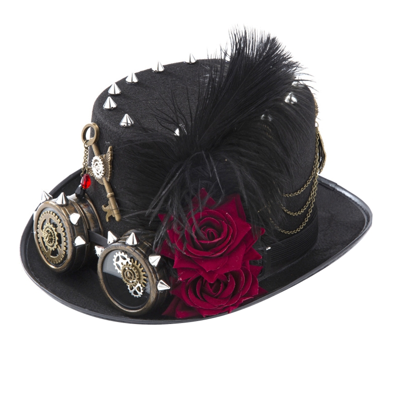 Fedora Hat Wool - Y166 Vintage Steampunk-Hut, Zylinderhut mit Schutzbrille,